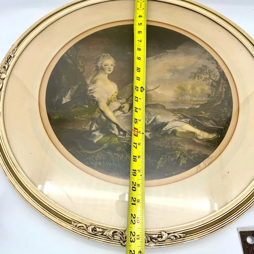 Antique Print Round Ornate Frame Victorian Lady  Signed 23in